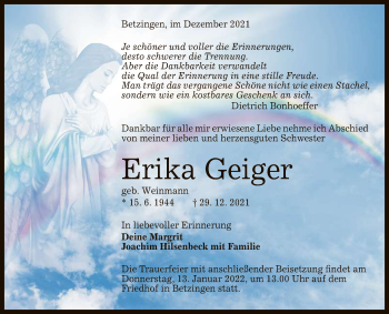 Anzeige von Erika Geiger von Reutlinger General-Anzeiger