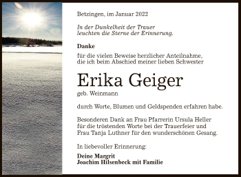 Anzeige von Erika Geiger von Reutlinger General-Anzeiger
