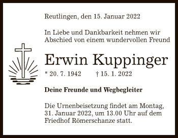 Anzeige von Erwin Kuppinger von Reutlinger General-Anzeiger