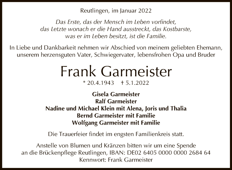  Traueranzeige für Frank Garmeister vom 08.01.2022 aus Reutlinger General-Anzeiger