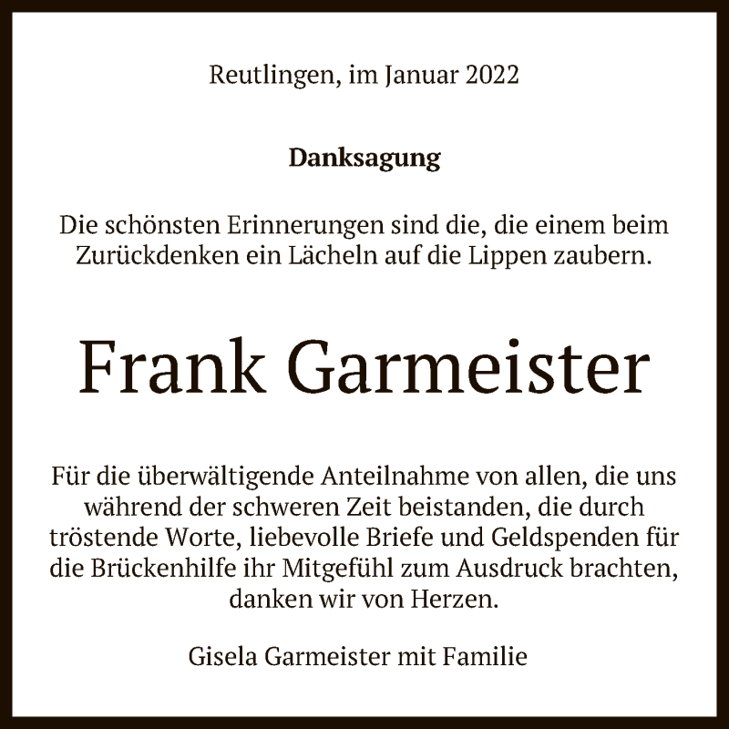  Traueranzeige für Frank Garmeister vom 25.01.2022 aus Reutlinger General-Anzeiger