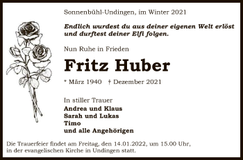Anzeige von Fritz Huber von Reutlinger General-Anzeiger