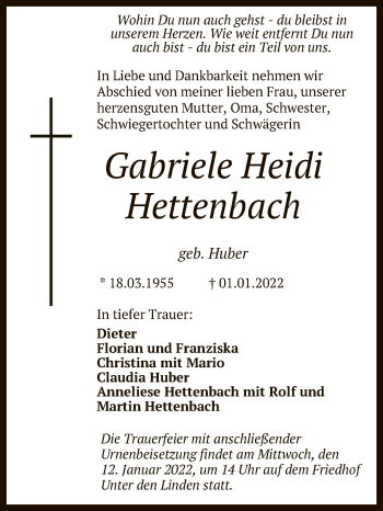 Anzeige von Gabriele Heidi Hettenbach von Reutlinger General-Anzeiger