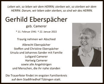 Anzeige von Gerhild Eberspächer von Reutlinger General-Anzeiger