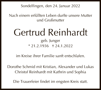 Anzeige von Gertrud Reinhardt von Reutlinger General-Anzeiger