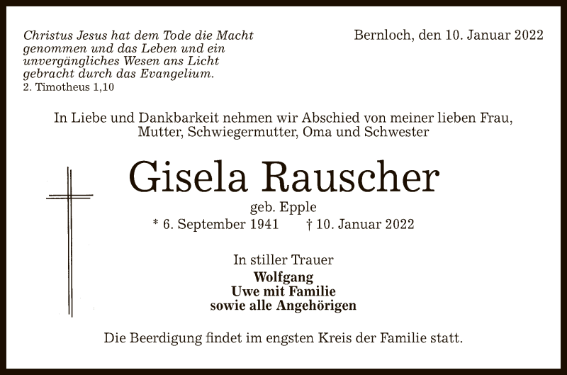  Traueranzeige für Gisela Rauscher vom 14.01.2022 aus Reutlinger General-Anzeiger