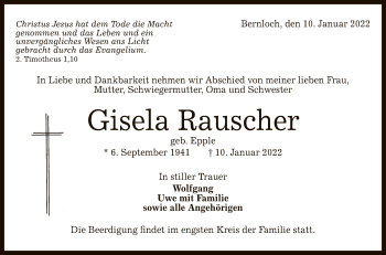 Anzeige von Gisela Rauscher von Reutlinger General-Anzeiger