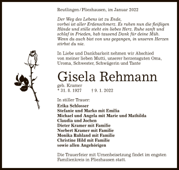 Anzeige von Gisela Rehmann von Reutlinger General-Anzeiger