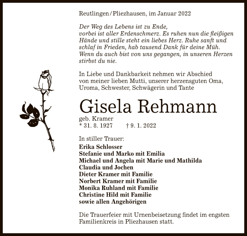  Traueranzeige für Gisela Rehmann vom 14.01.2022 aus Reutlinger General-Anzeiger