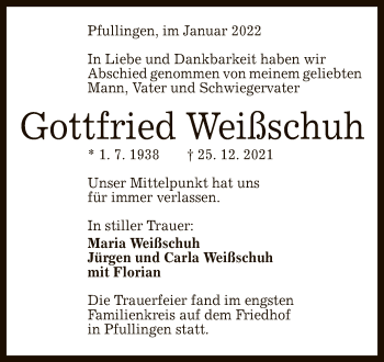 Anzeige von Gottfried Weißschuh von Reutlinger General-Anzeiger