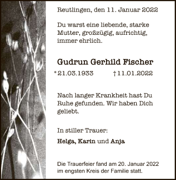 Anzeige von Gudrun Gerhild Fischer von Reutlinger General-Anzeiger