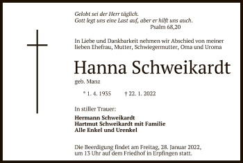 Anzeige von Hanna Schweikardt von Reutlinger General-Anzeiger
