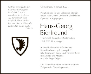Anzeige von Hans-Georg Bierfreund von Reutlinger General-Anzeiger