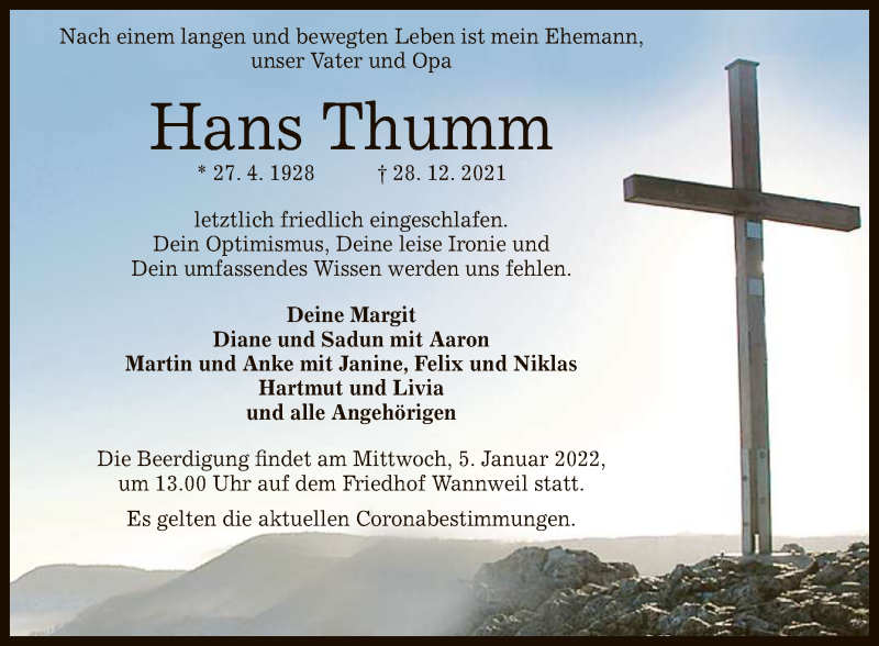  Traueranzeige für Hans Thumm vom 03.01.2022 aus Reutlinger General-Anzeiger