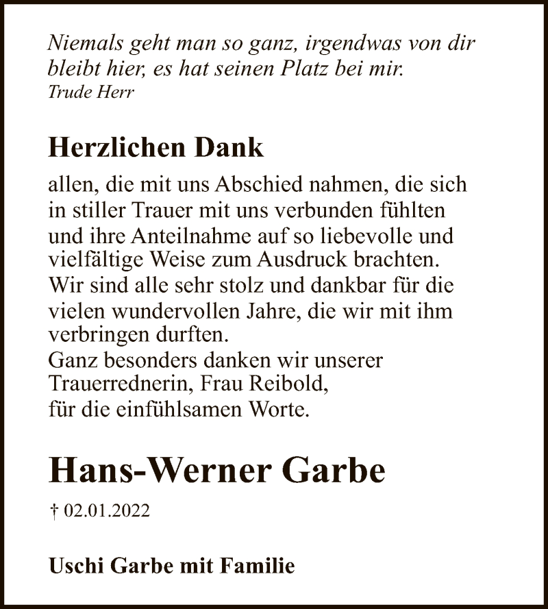  Traueranzeige für Hans-Werner Garbe vom 22.01.2022 aus Reutlinger General-Anzeiger