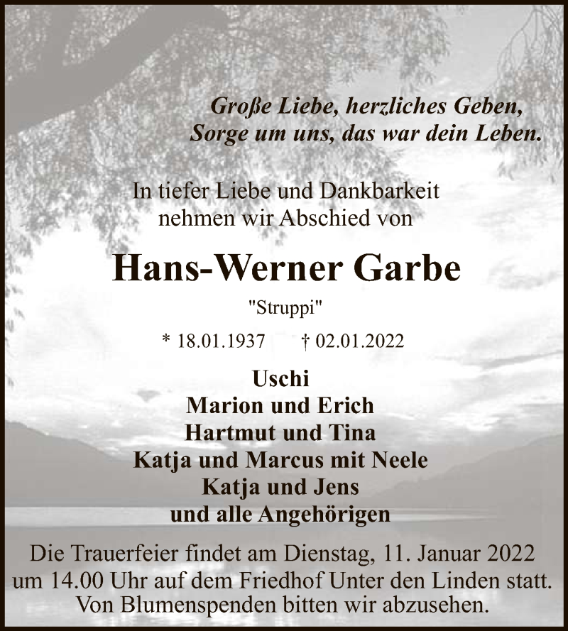  Traueranzeige für Hans-Werner Garbe vom 07.01.2022 aus Reutlinger General-Anzeiger