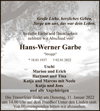 Anzeige von Hans-Werner Garbe von Reutlinger General-Anzeiger