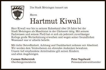 Anzeige von Hartmut Kiwall von Reutlinger General-Anzeiger