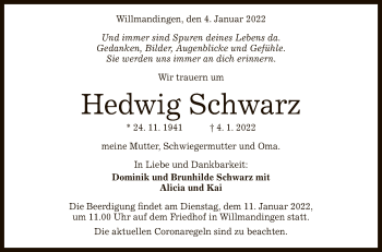 Anzeige von Hedwig Schwarz von Reutlinger General-Anzeiger