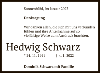 Anzeige von Hedwig Schwarz von Reutlinger General-Anzeiger