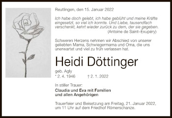 Anzeige von Heidi Döttinger von Reutlinger General-Anzeiger