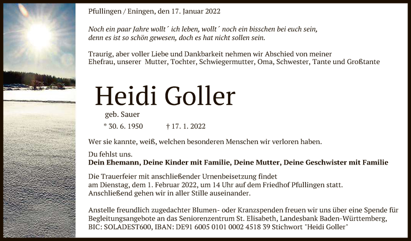  Traueranzeige für Heidi Goller vom 25.01.2022 aus Reutlinger General-Anzeiger