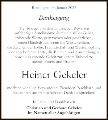 Anzeige von Heiner Gekeler von Reutlinger General-Anzeiger
