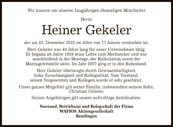 Anzeige von Heiner Gekeler von Reutlinger General-Anzeiger