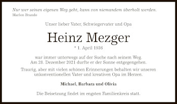 Anzeige von Heinz Mezger von Reutlinger General-Anzeiger