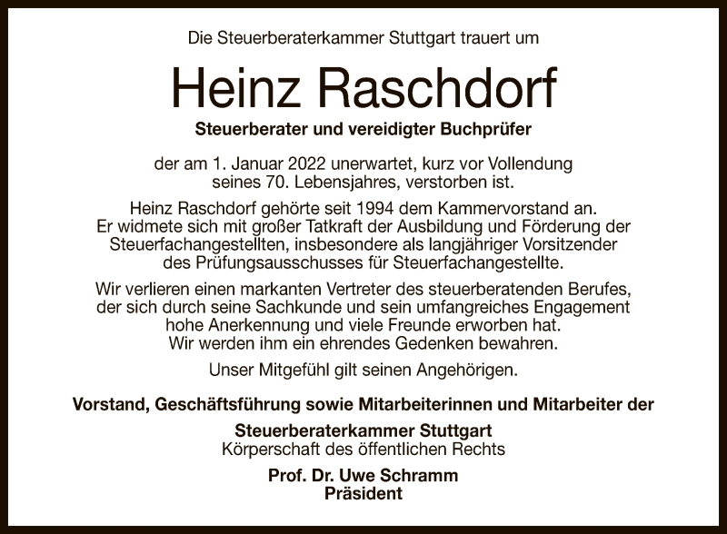  Traueranzeige für Heinz Raschdorf vom 14.01.2022 aus Reutlinger General-Anzeiger
