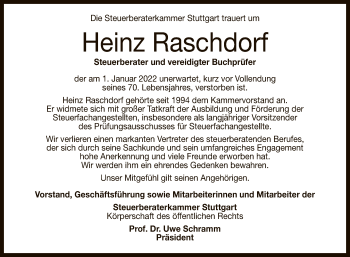 Anzeige von Heinz Raschdorf von Reutlinger General-Anzeiger