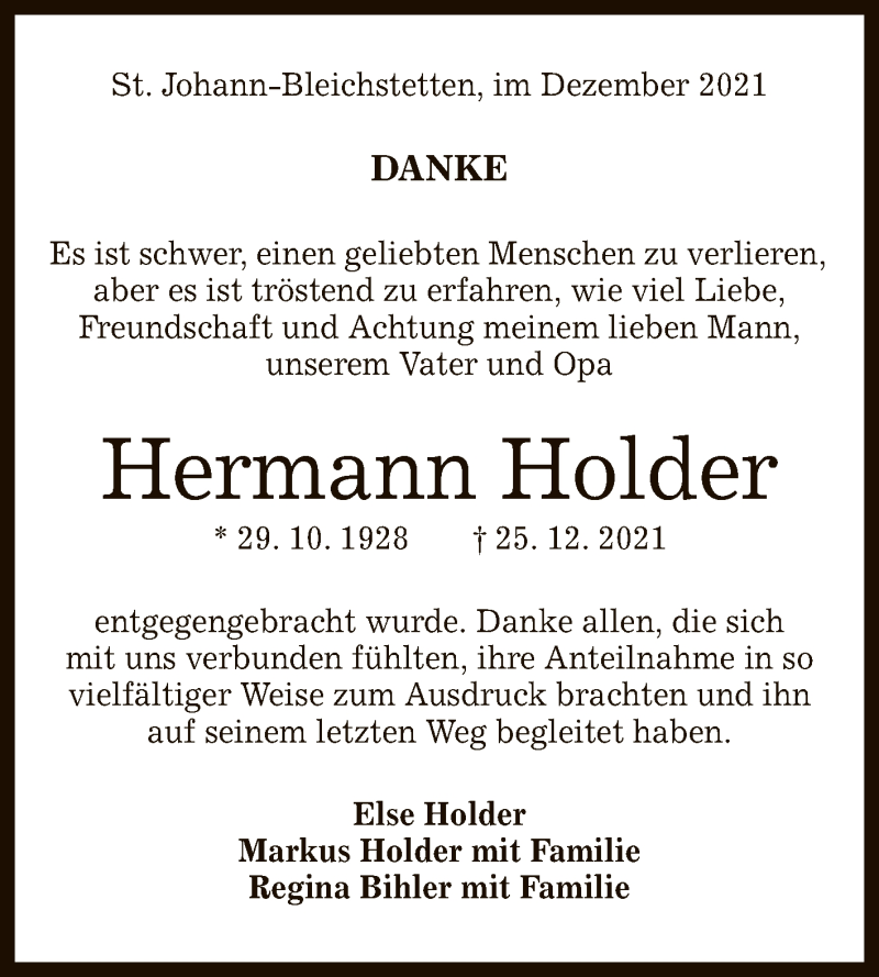  Traueranzeige für Hermann Holder vom 14.01.2022 aus Reutlinger General-Anzeiger