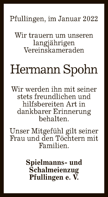 Anzeige von Hermann Spohn von Reutlinger General-Anzeiger