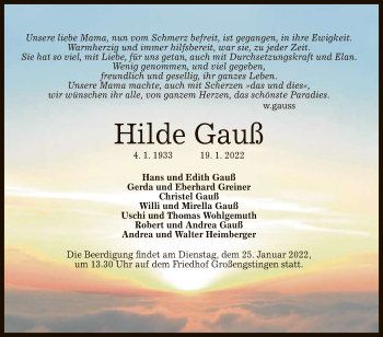 Anzeige von Hilde Gauß von Reutlinger General-Anzeiger