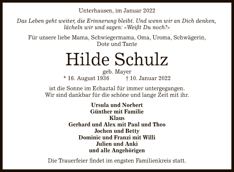  Traueranzeige für Hilde Schulz vom 14.01.2022 aus Reutlinger General-Anzeiger