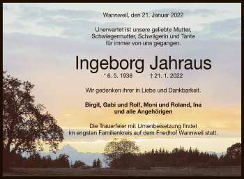 Anzeige von Ingeborg Jahraus von Reutlinger General-Anzeiger