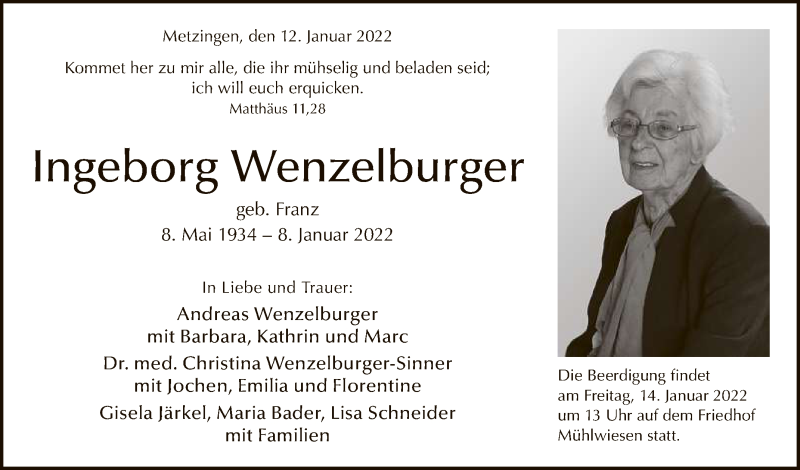  Traueranzeige für Ingeborg Wenzelburger vom 12.01.2022 aus Reutlinger General-Anzeiger