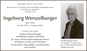 Anzeige von Ingeborg Wenzelburger von Reutlinger General-Anzeiger