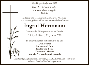 Anzeige von Ingrid Herrmann von Reutlinger General-Anzeiger