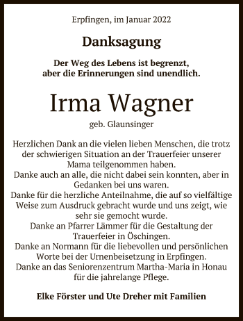 Anzeige von Irma Wagner von Reutlinger General-Anzeiger