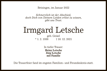Anzeige von Irmgard Letsche von Reutlinger General-Anzeiger