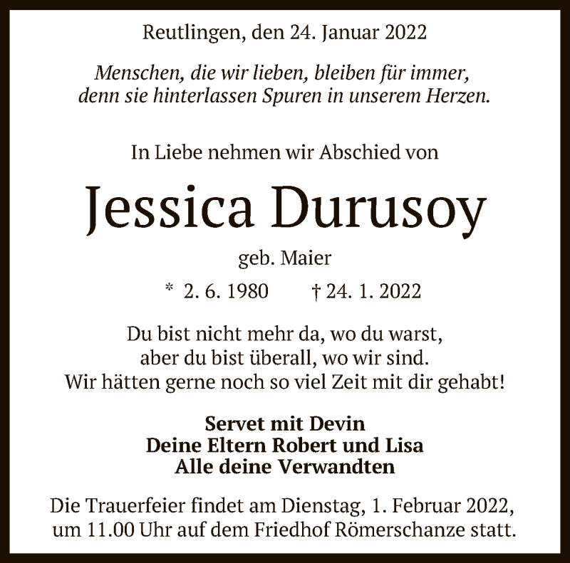  Traueranzeige für Jessica Durusoy vom 28.01.2022 aus Reutlinger General-Anzeiger