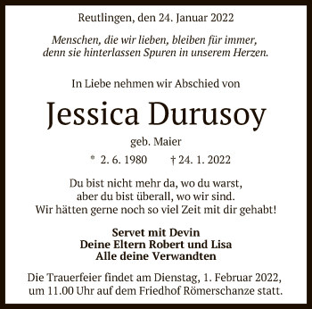 Anzeige von Jessica Durusoy von Reutlinger General-Anzeiger