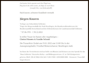 Anzeige von Jürgen Knorrn von Reutlinger General-Anzeiger