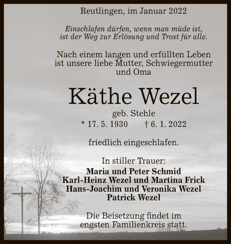  Traueranzeige für Käthe Wezel vom 12.01.2022 aus Reutlinger General-Anzeiger