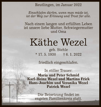 Anzeige von Käthe Wezel von Reutlinger General-Anzeiger