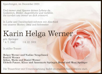 Anzeige von Karin Helga Werner von Reutlinger General-Anzeiger
