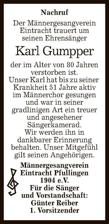 Anzeige von Karl Gumpper von Reutlinger General-Anzeiger