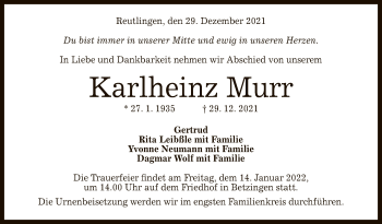 Anzeige von Karlheinz Murr von Reutlinger General-Anzeiger