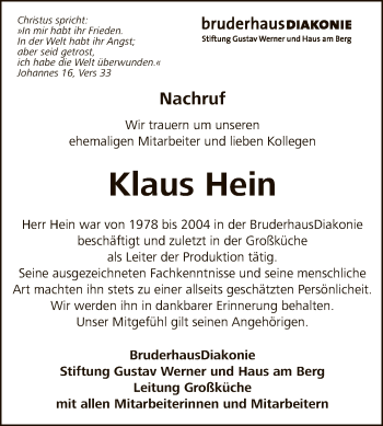 Anzeige von Klaus Hein von Reutlinger General-Anzeiger